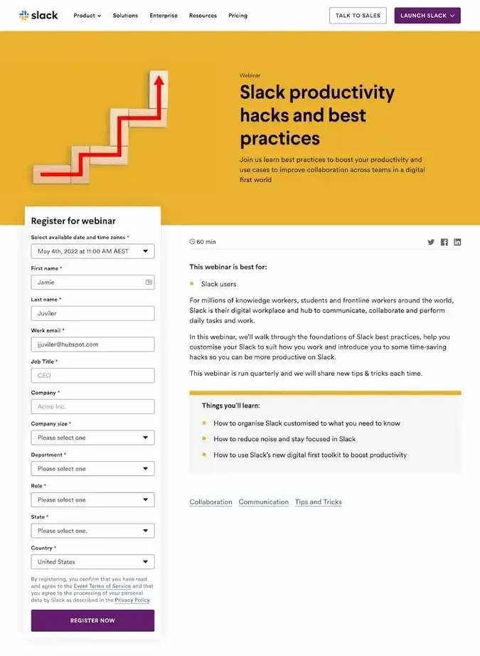 webinar landing page example, slack
