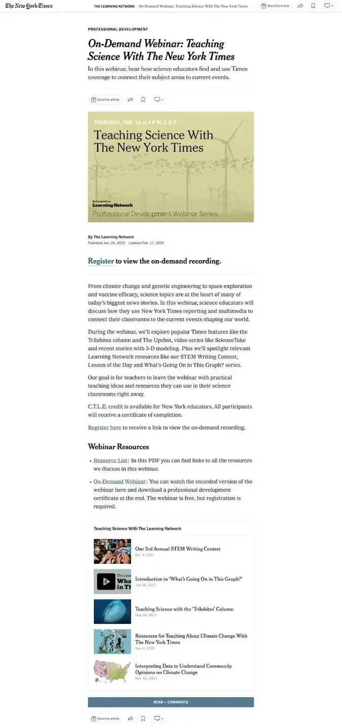 webinar landing page example, nyt