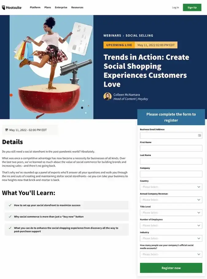 webinar landing page example, hootsuite