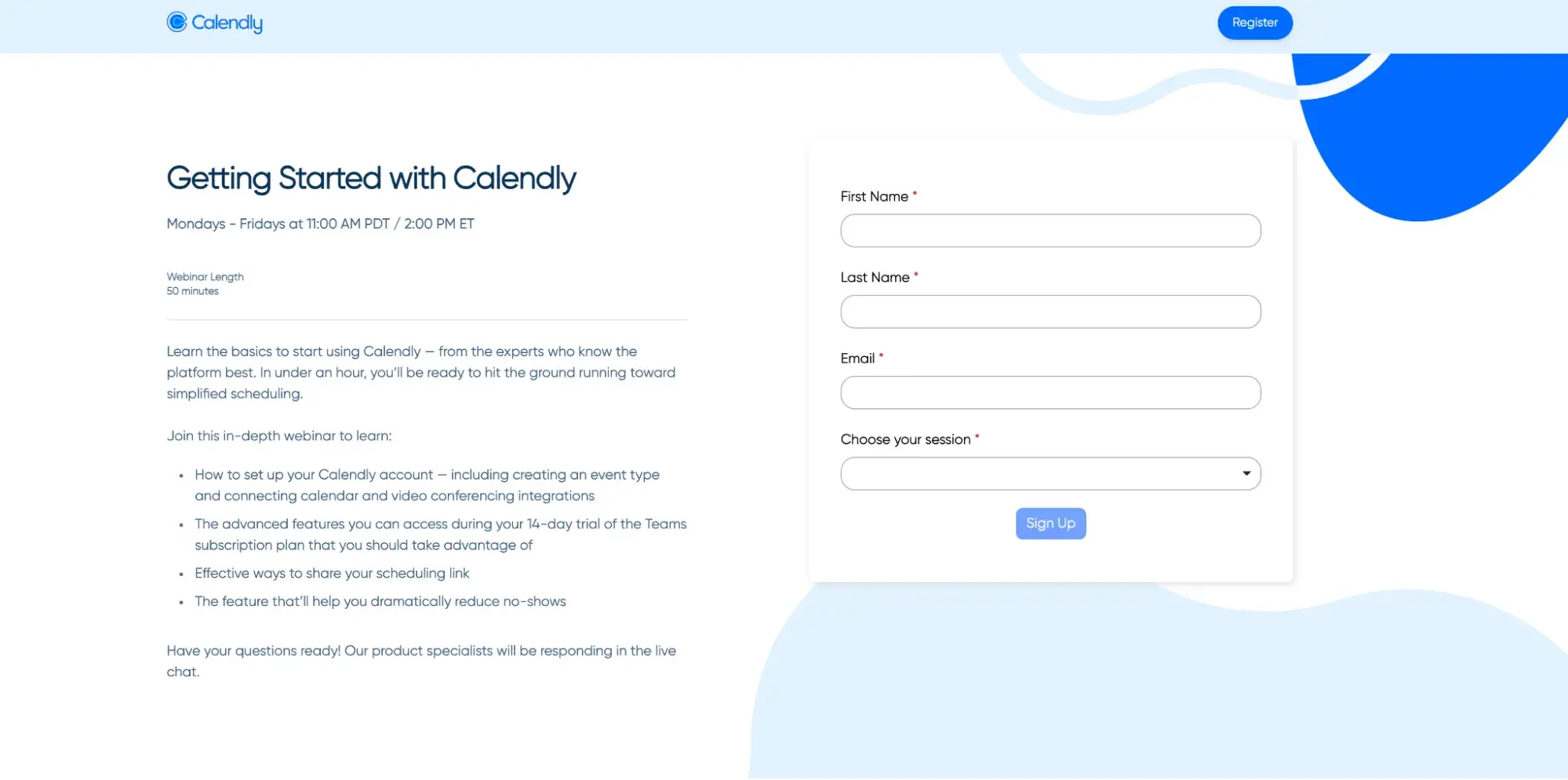 webinar landing page example, calendly