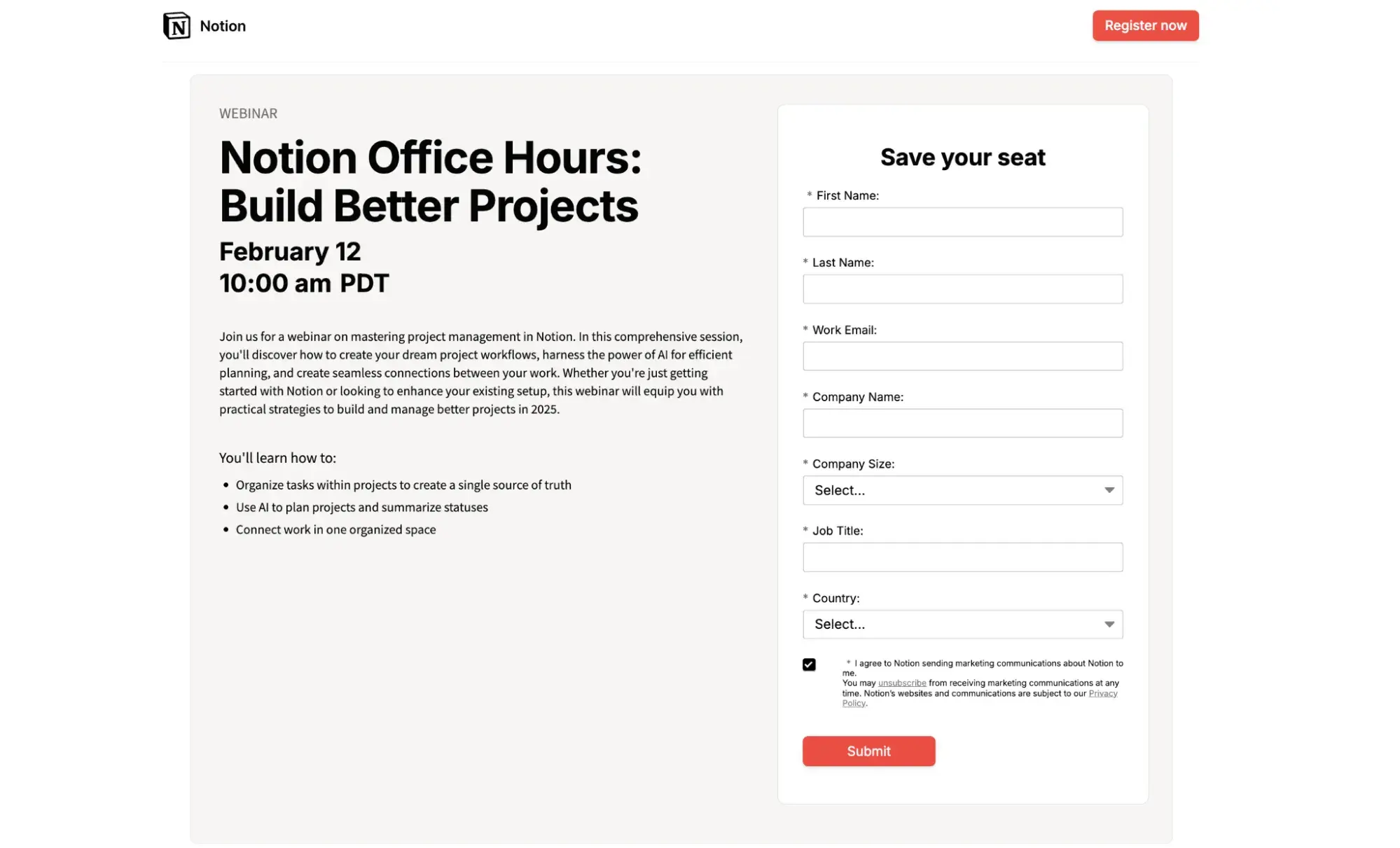webinar landing page example, notion