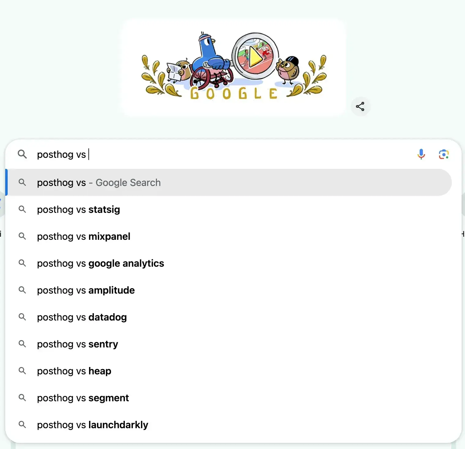 google search bar suggestions for the search term posthog vs
