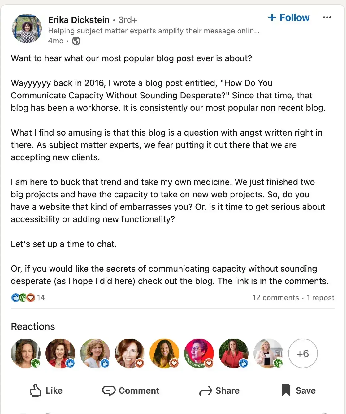 website content idea shared on erika dicksteins linkedin