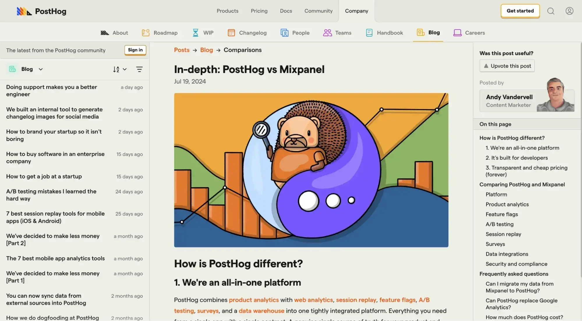 the posthog blog showing an example of a comparison post
