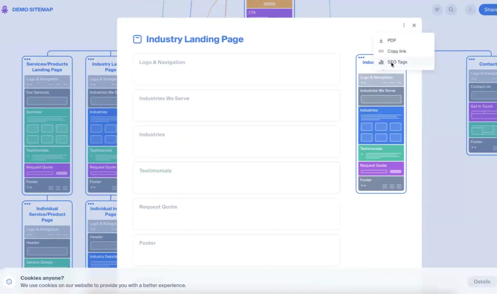 octopus.do tool with wireframes and a popup for inputting content and seo tags