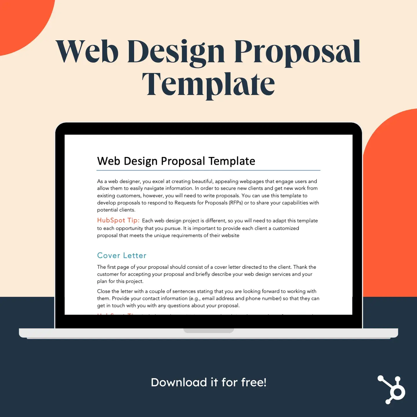 free web design proposal template from hubspot shown on a laptop mockup