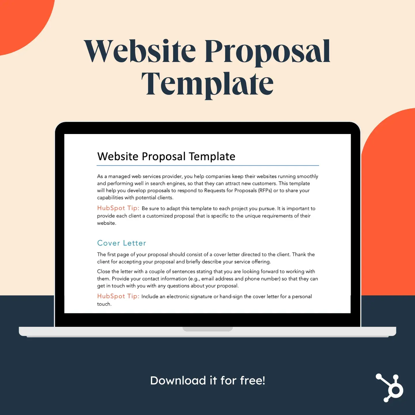 free website proposal template from hubspot shown on a laptop mockup