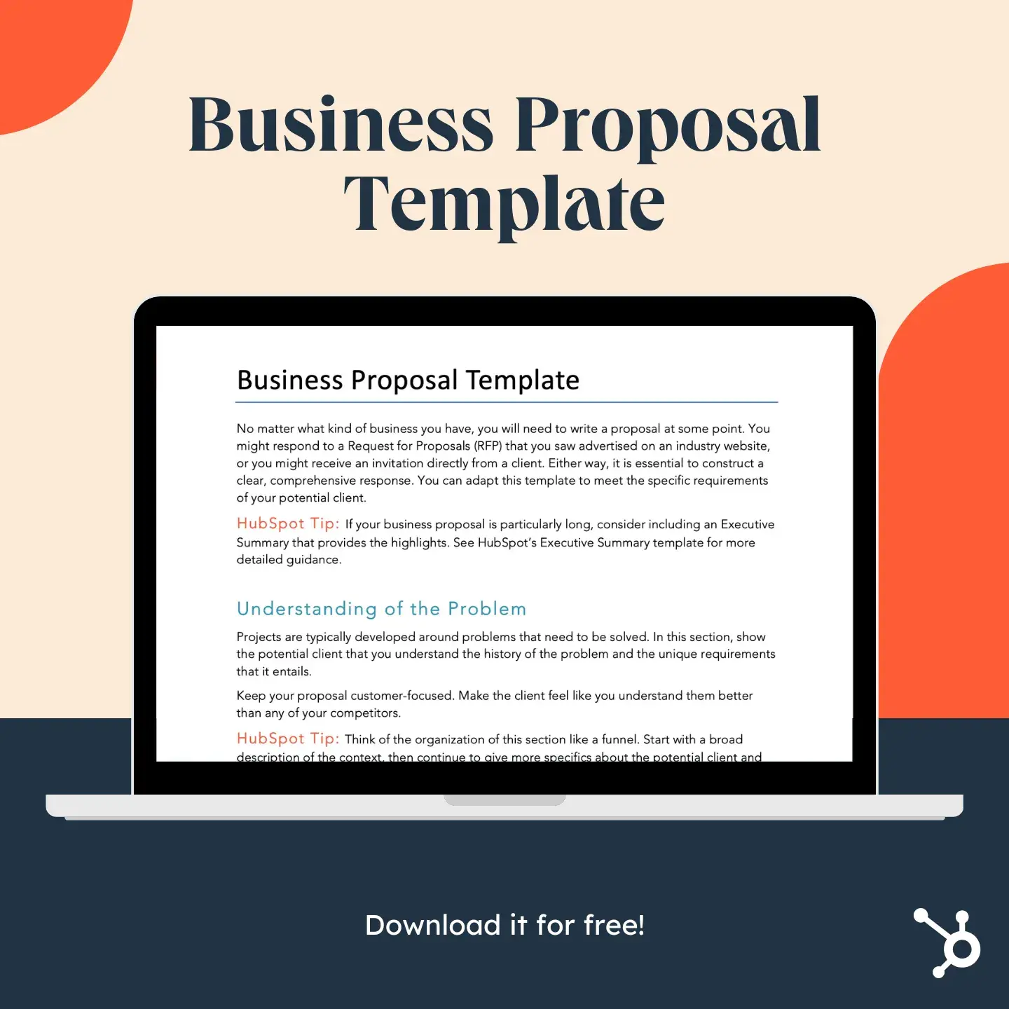 free business proposal template from hubspot shown on a laptop mockup