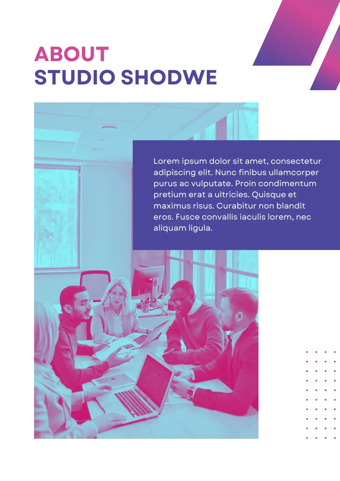 website proposal examples: a canva template showing an about page