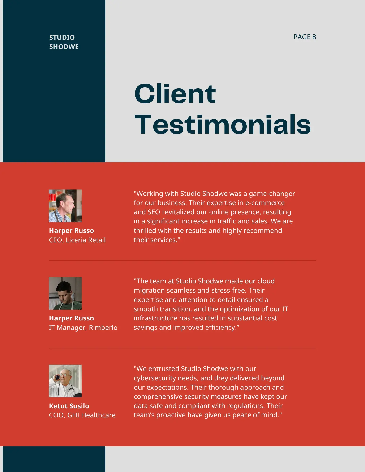 website proposal examples: a canva template showing a client testimonials page