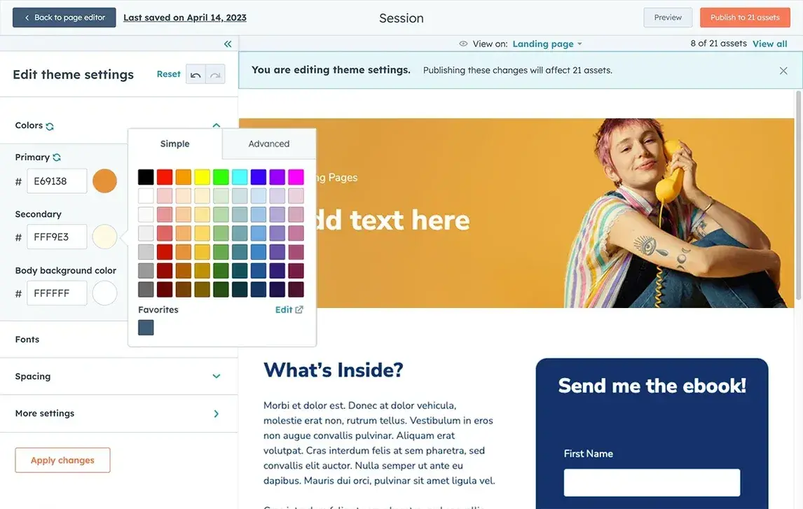 the theme editor for the hubspot content hub cms.