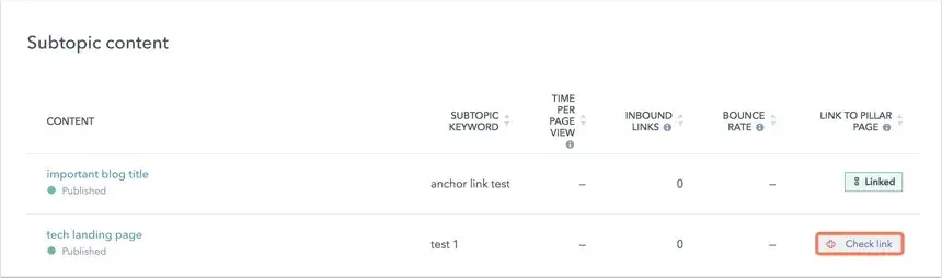 website development SEO internal links report in HubSpot SEO tools
