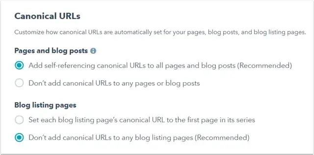 website development SEO canonical URL configuration in HubSpot