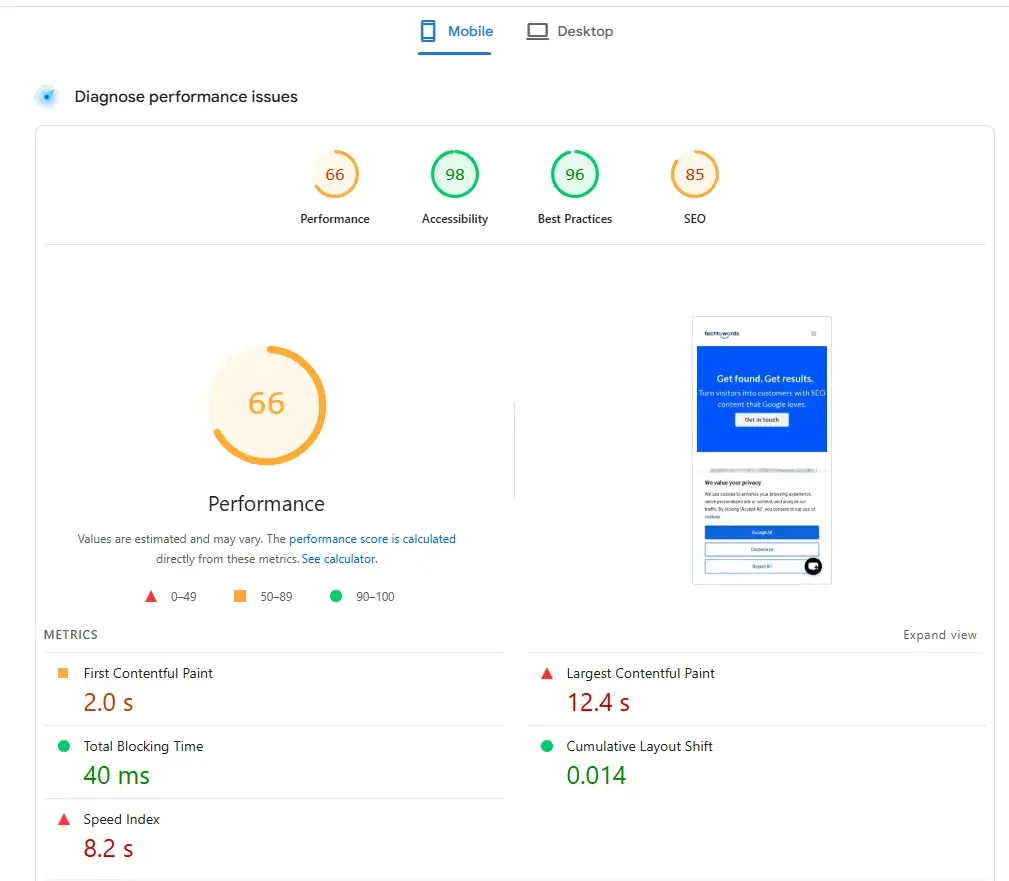 website development seo page speed report in google pagespeed insights