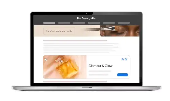 website monetization: Image of laptop with ad reading Glamour & Glow