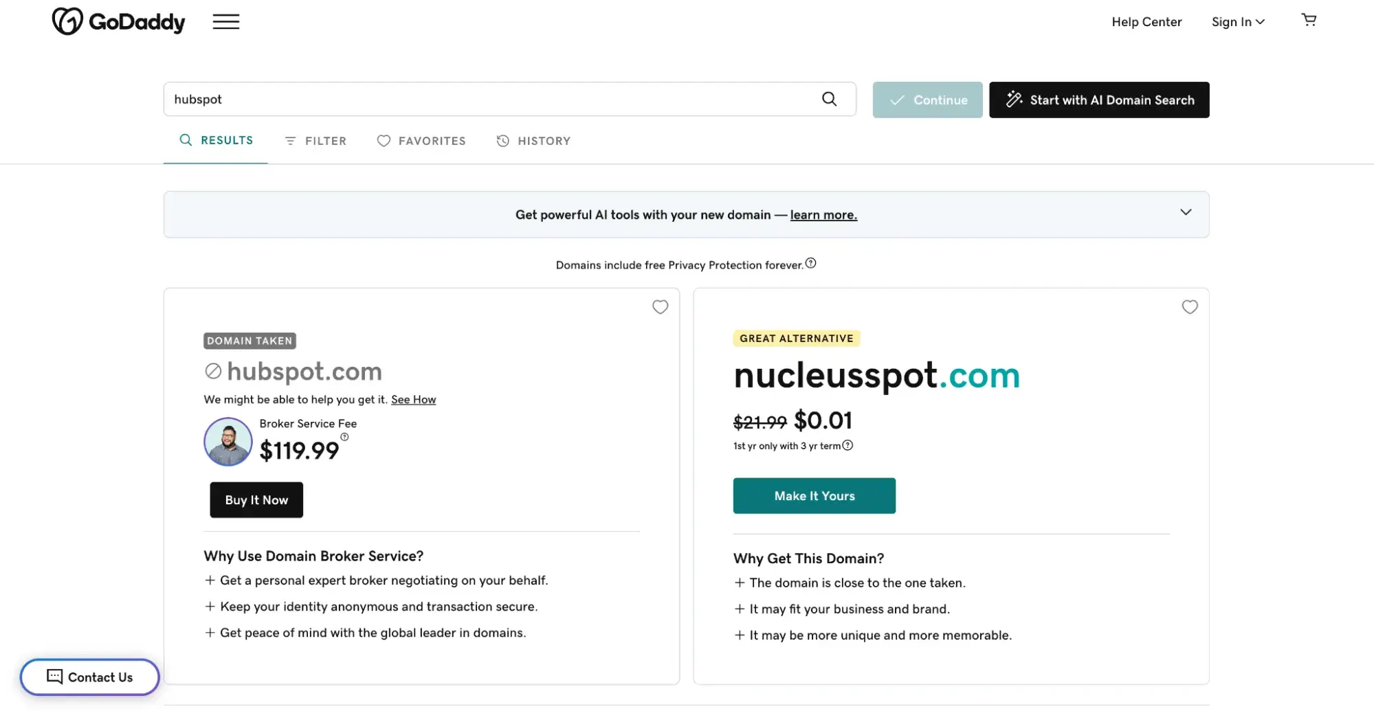 Search results from searching hubspot on GoDaddy reveal the domain is taken.