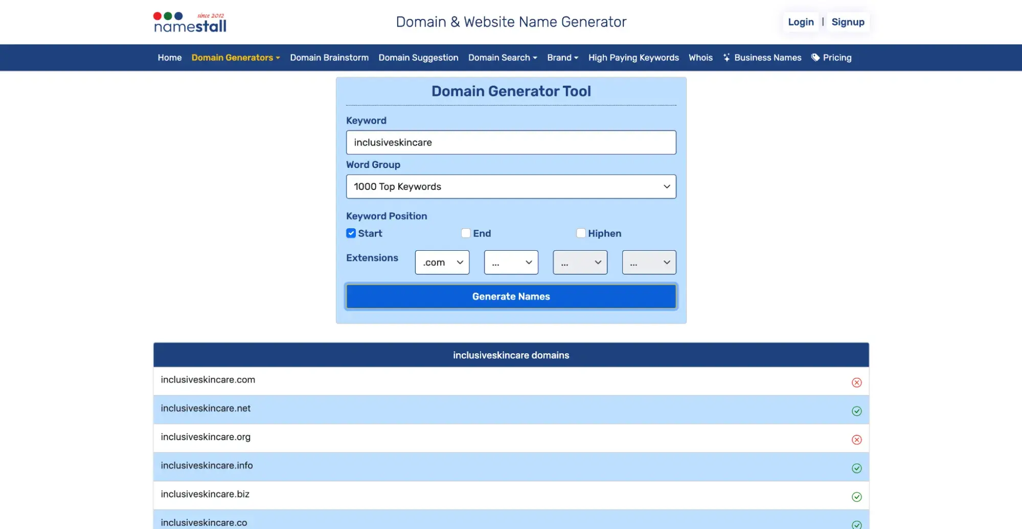 Searching inclusiveskincare on the Domain Generator Tool