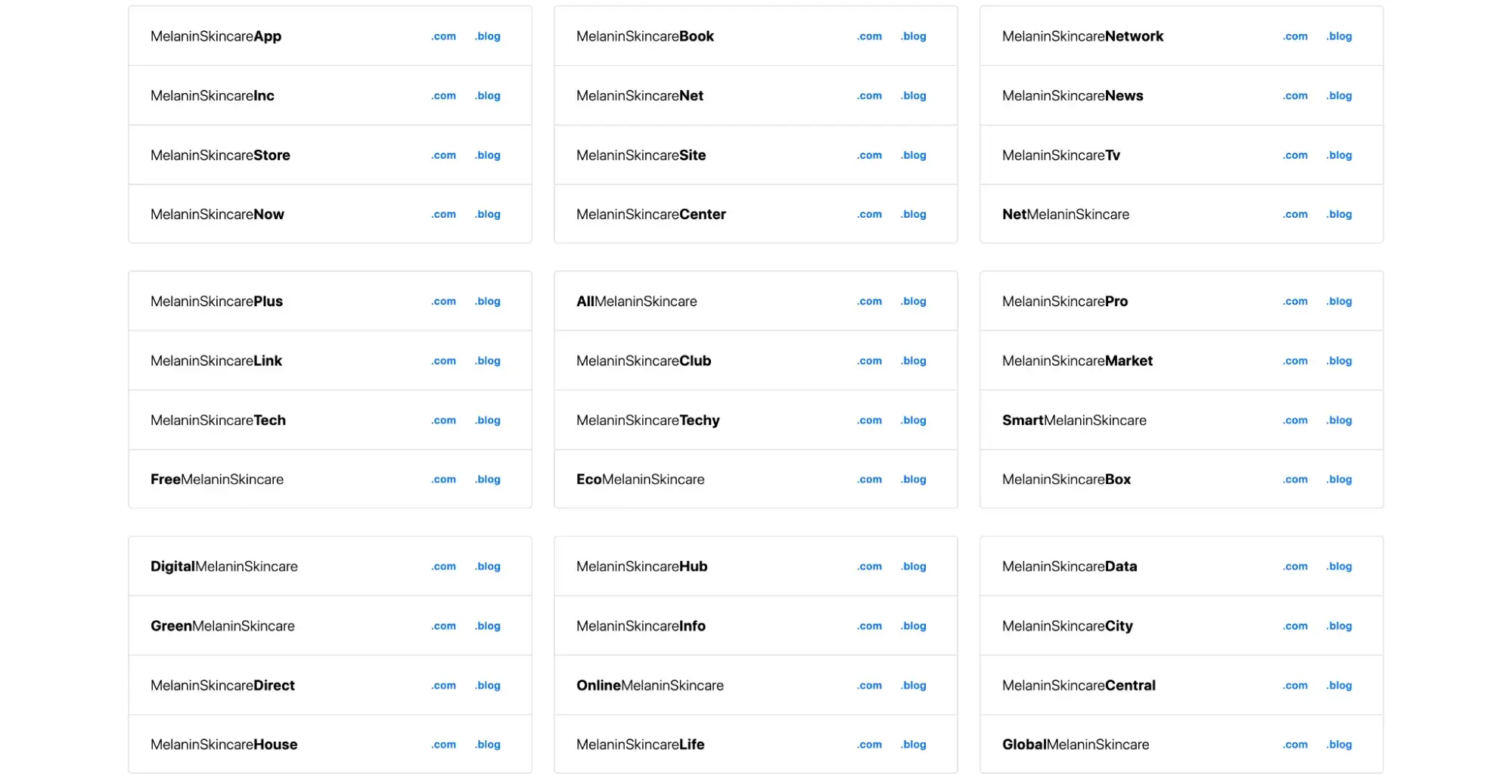 36 of the 10,027 available website names for the keyword melanin skincare.