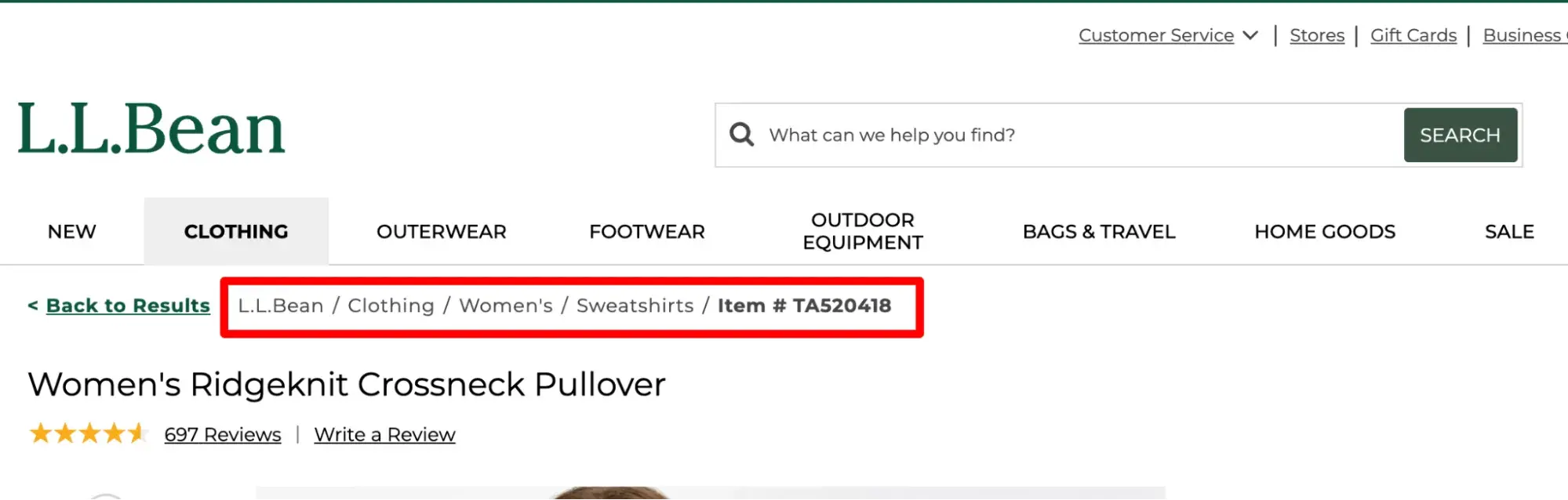 breadcrumb navigation from l.l.bean