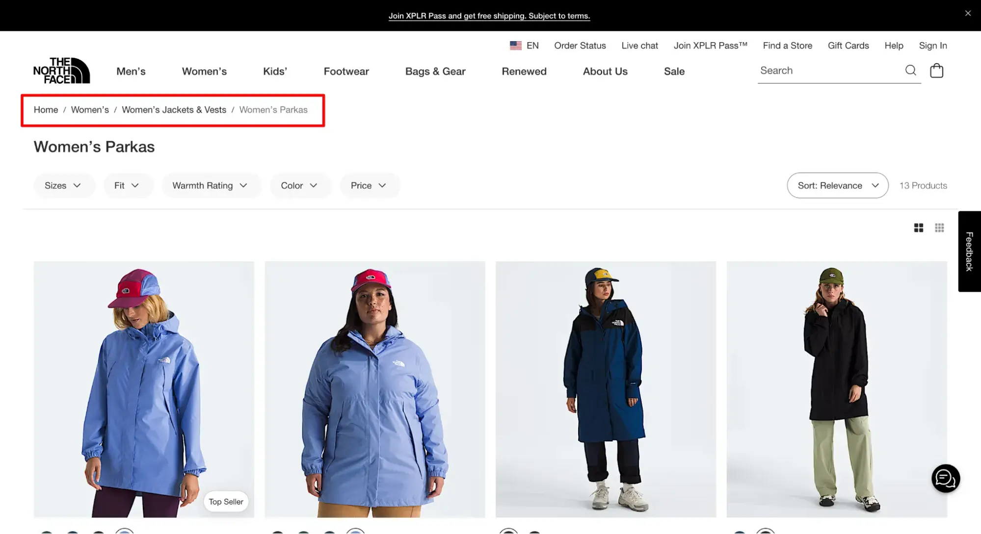 breadcrumb navigation example from the north face