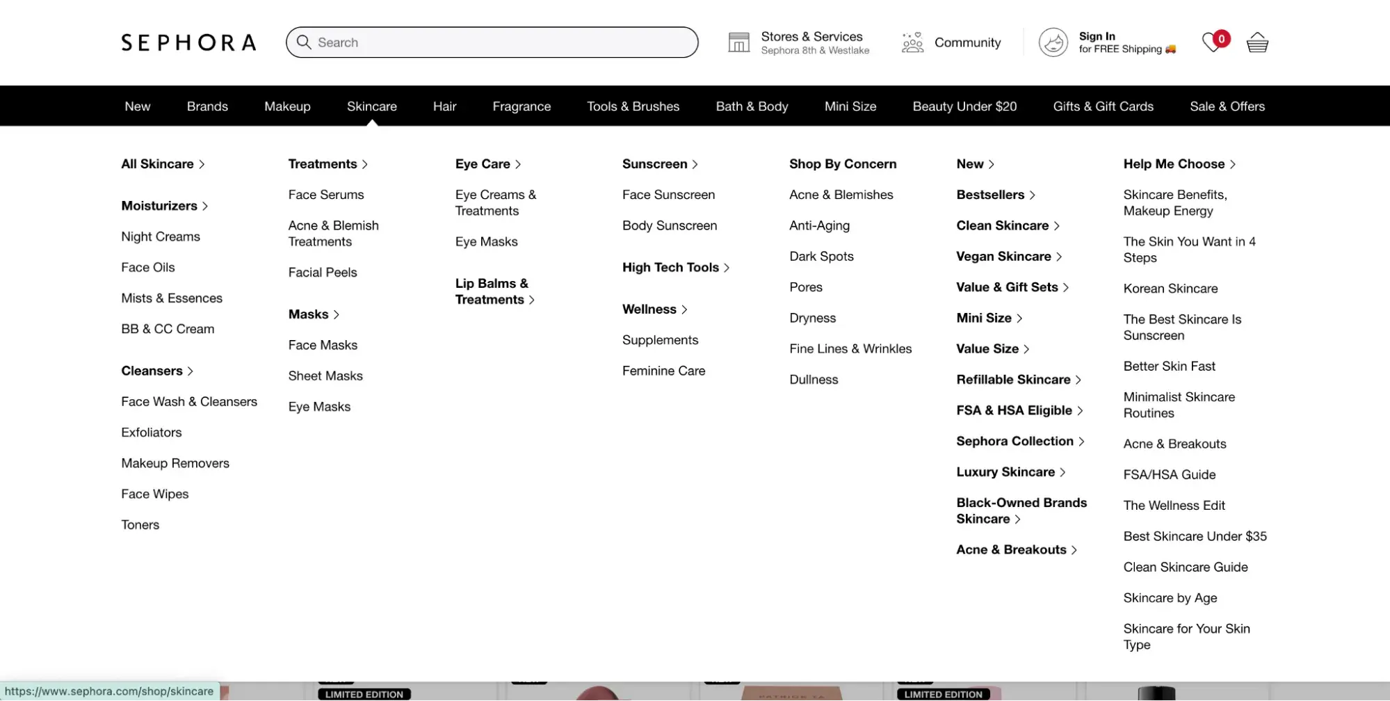 main website navigation bar example from sephora