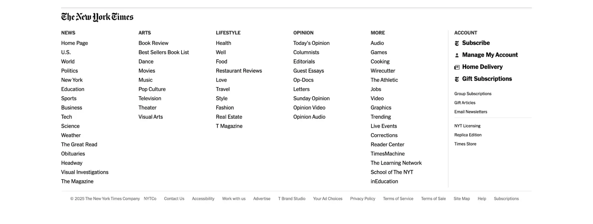 main website navigation bar example from new york times