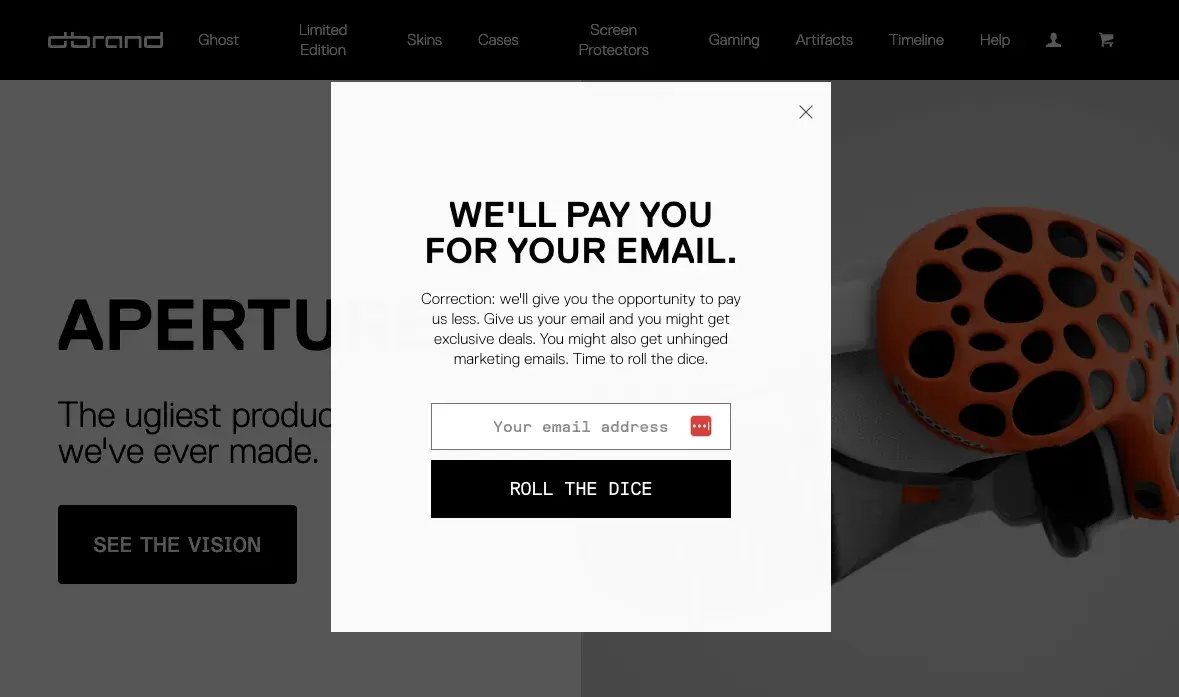 dbrands discount web pop-up features some of the best copywriting ever.