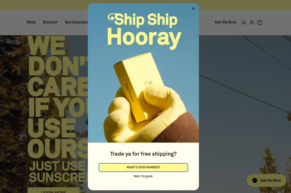 sunbums discount web pop-up features playful copy.