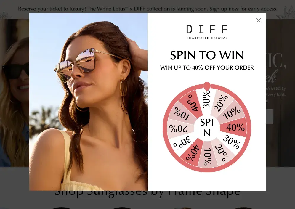 diff eyewears discount web pop-up features gamification.