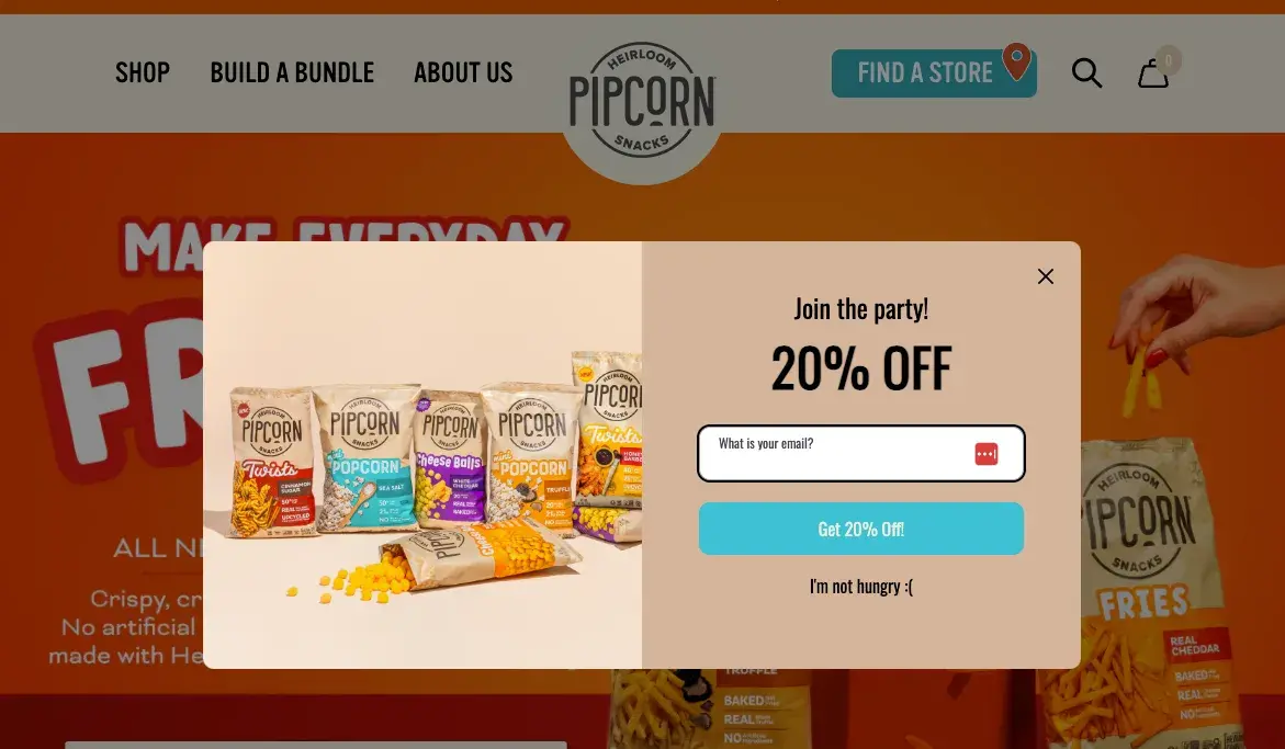 pipsnacks discount web pop-up is bright, cheery, and conversion-focused.