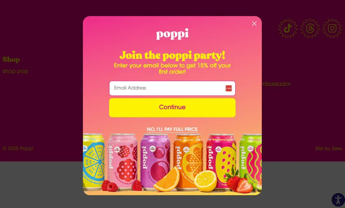 poppis email opt in web pop-up makes it feel like youre joining a community.