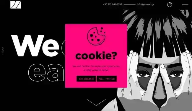 prowebs cookie notice web pop-up is eyecatching and fun.