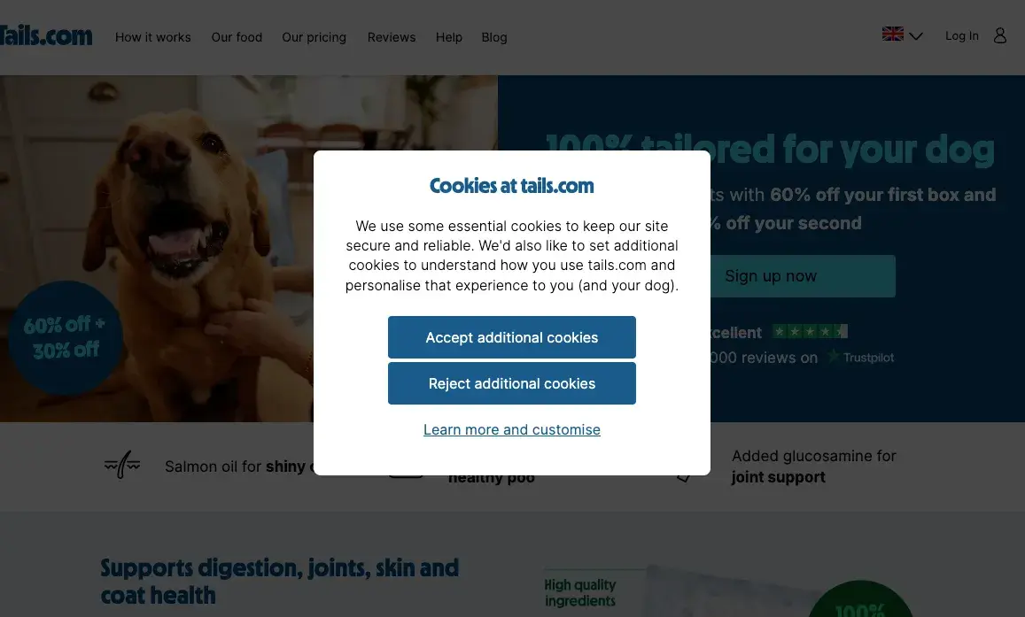tails.coms cookie notice web pop-up injects humor and brand voice.