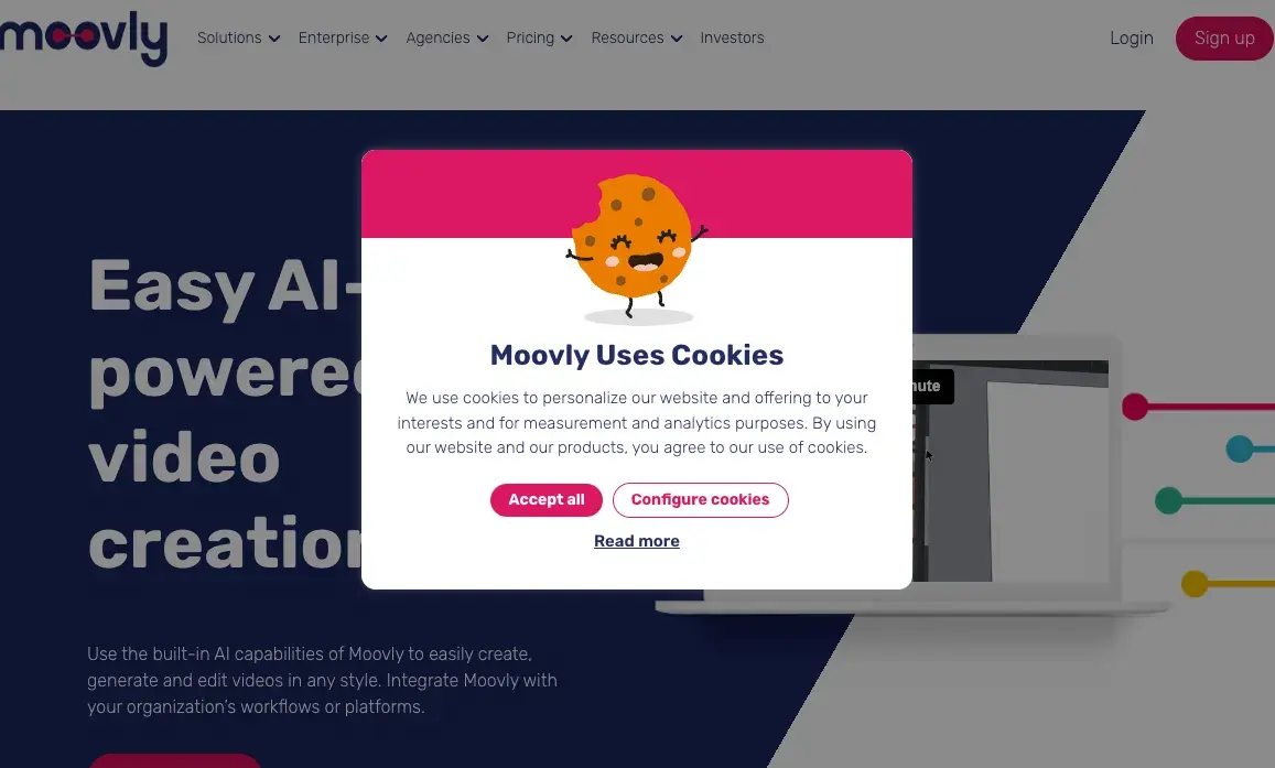 moovlys cookie notice web pop-up features an engaging design and color palette.