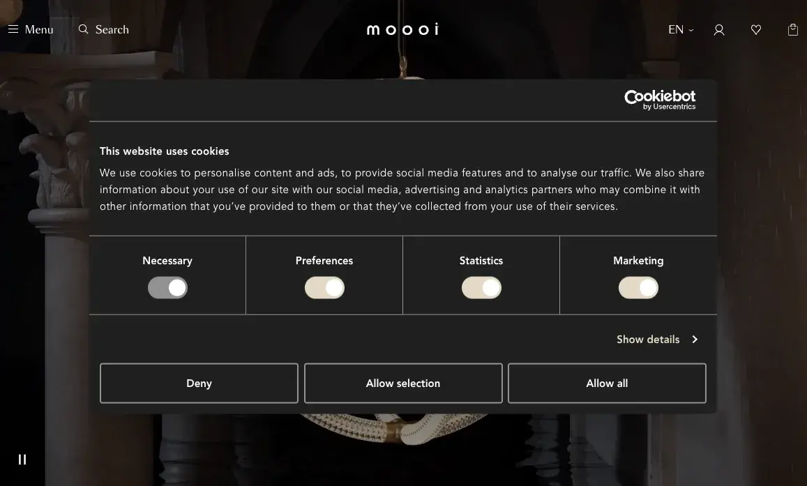 mooois cookie notice web pop-up features a valuable offer.