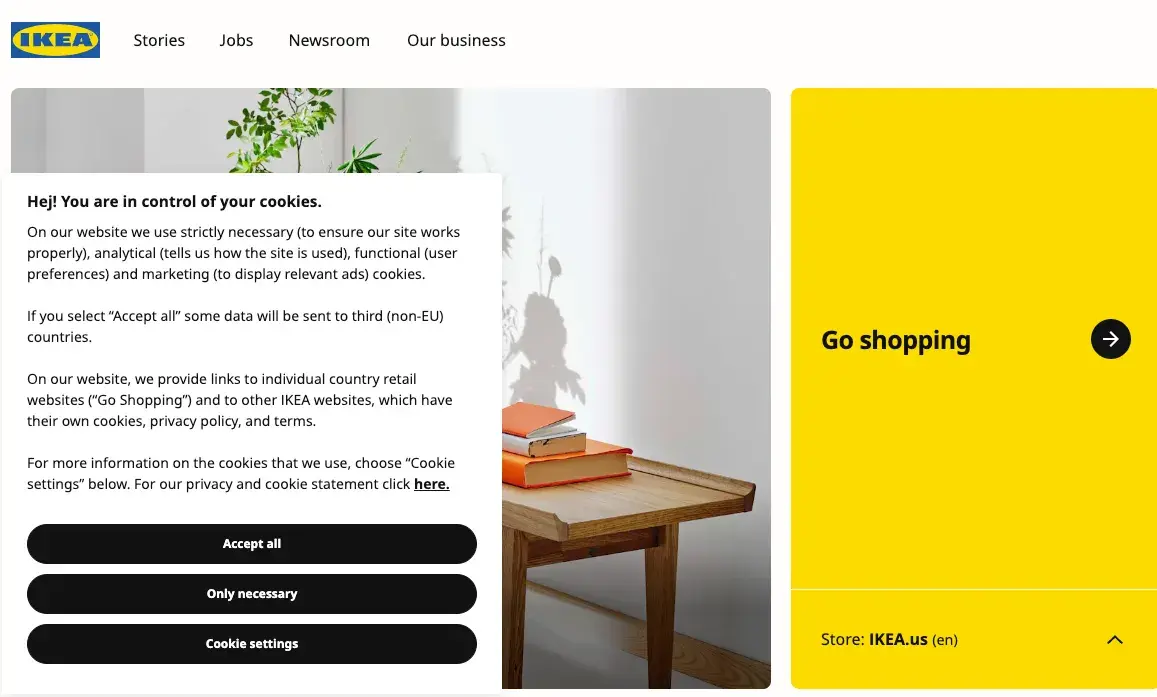 ikeas cookie notice web pop-up features a valuable offer.
