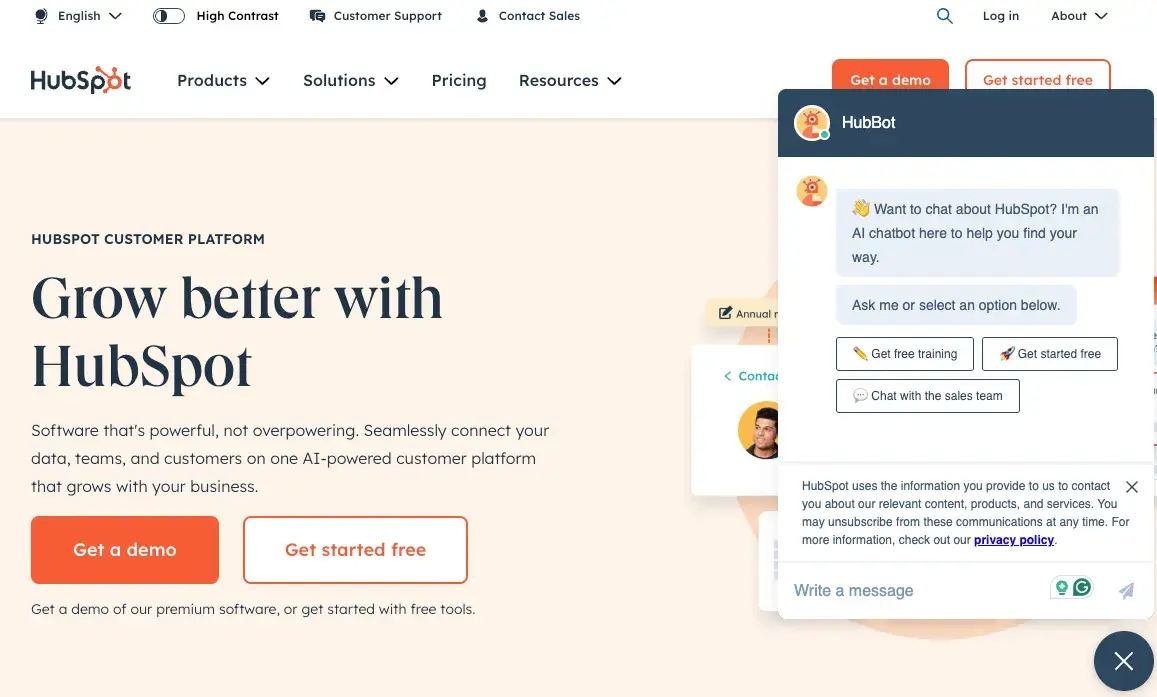 hubspots web pop-up features an ai chatbot.