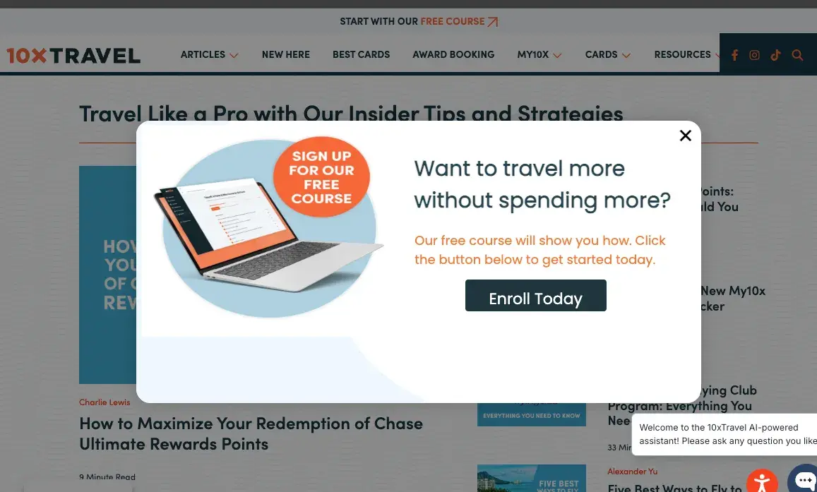 10x travels web pop-up features a free course.