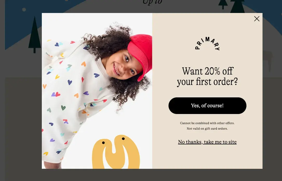 primarys discount web pop-up reinforces their brand.