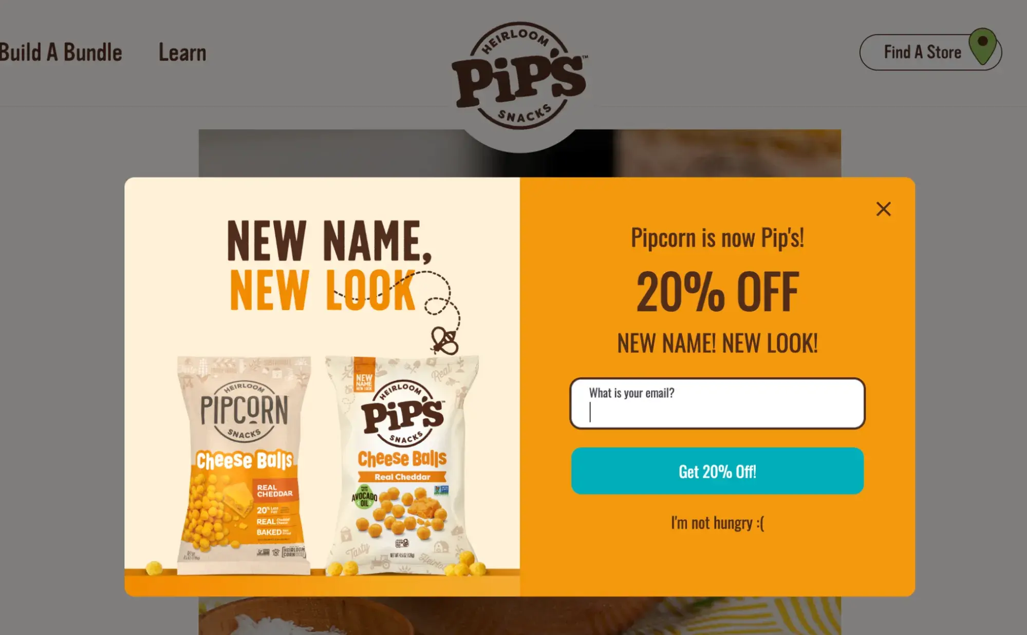 website pop-up examples: pip’s