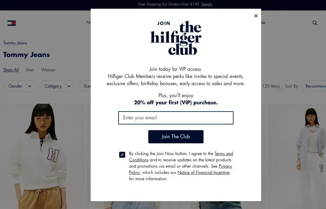 website pop-up examples: tommy hilfiger