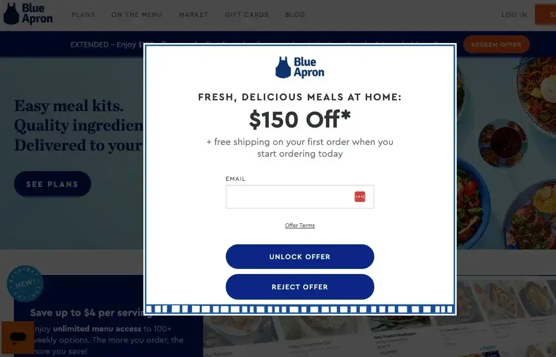 website pop-up examples: blue apron
