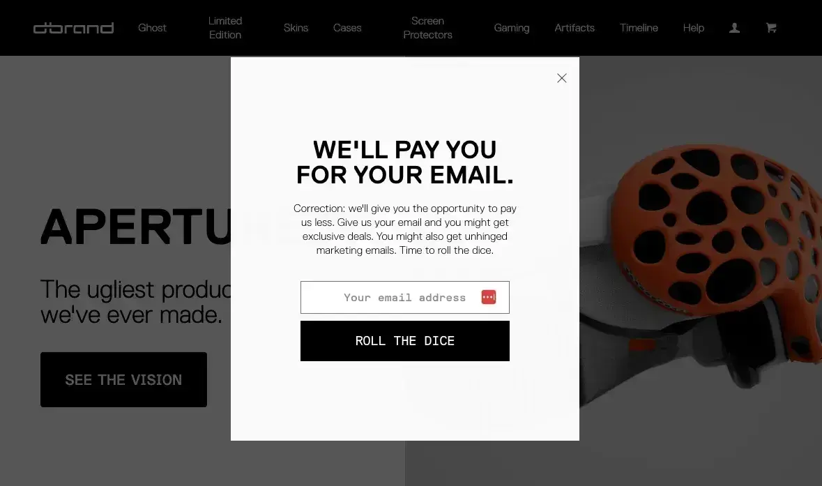 website pop-up examples: dbrand