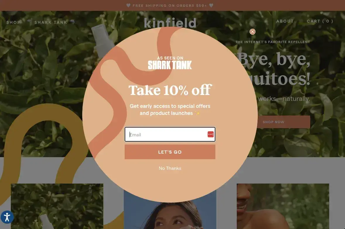 website pop-up examples: kinfield