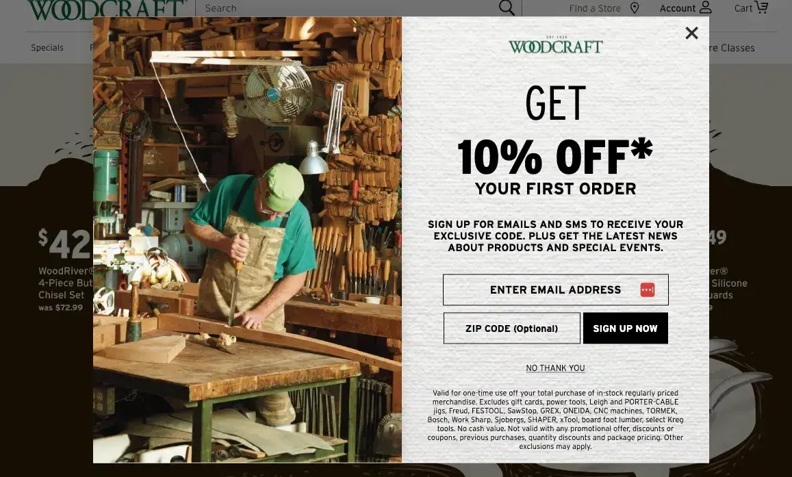 website pop-up examples: woodcraft