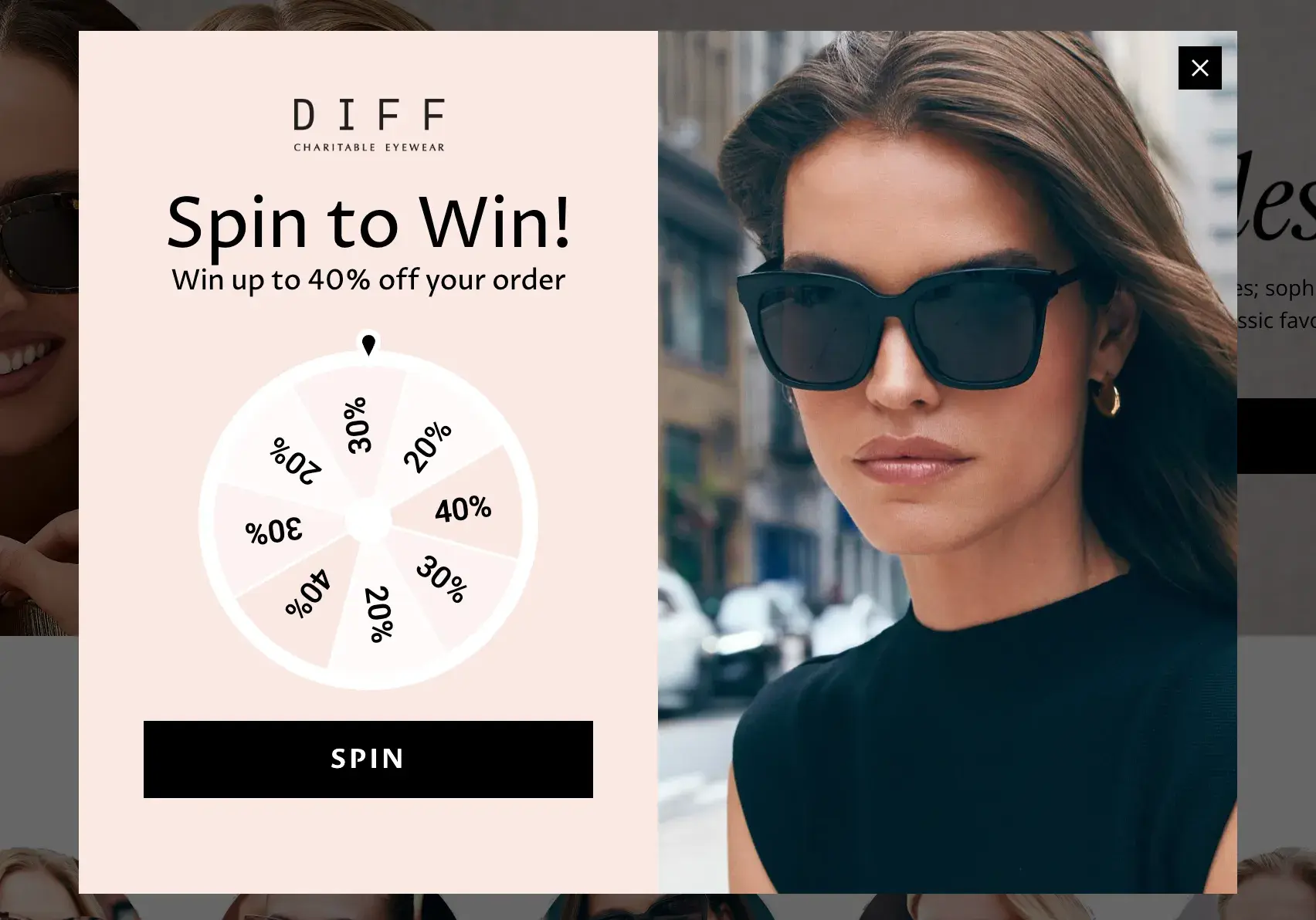 website pop-up examples: diff eyewear
