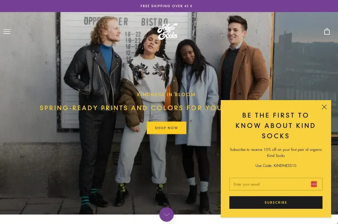 website pop-up examples: kind socks