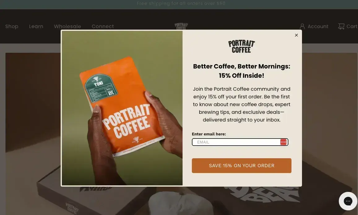 website pop-up examples: portrait coffee