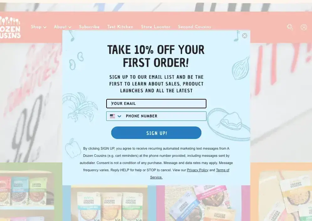 website pop-up examples: a dozen cousins