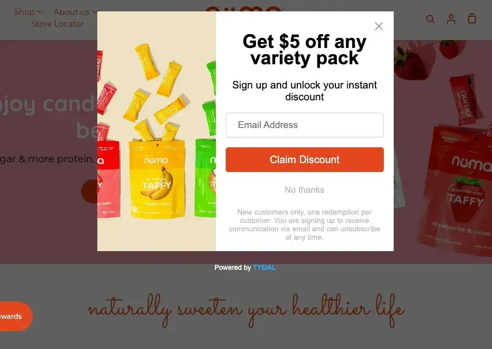 website pop-up examples: numa foods